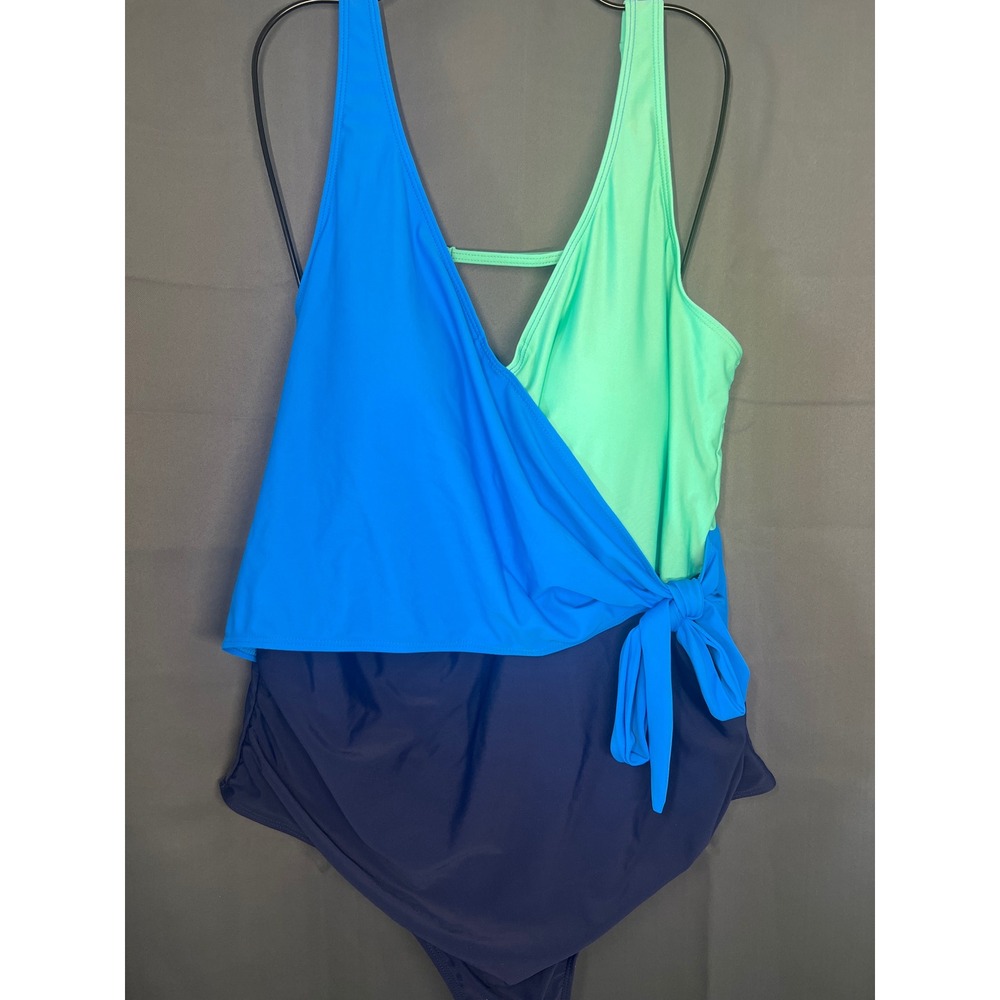 Yonique Womens Plus Size 20W Colorblock Wrap One Piece Swimsuit Blue Mint Green
